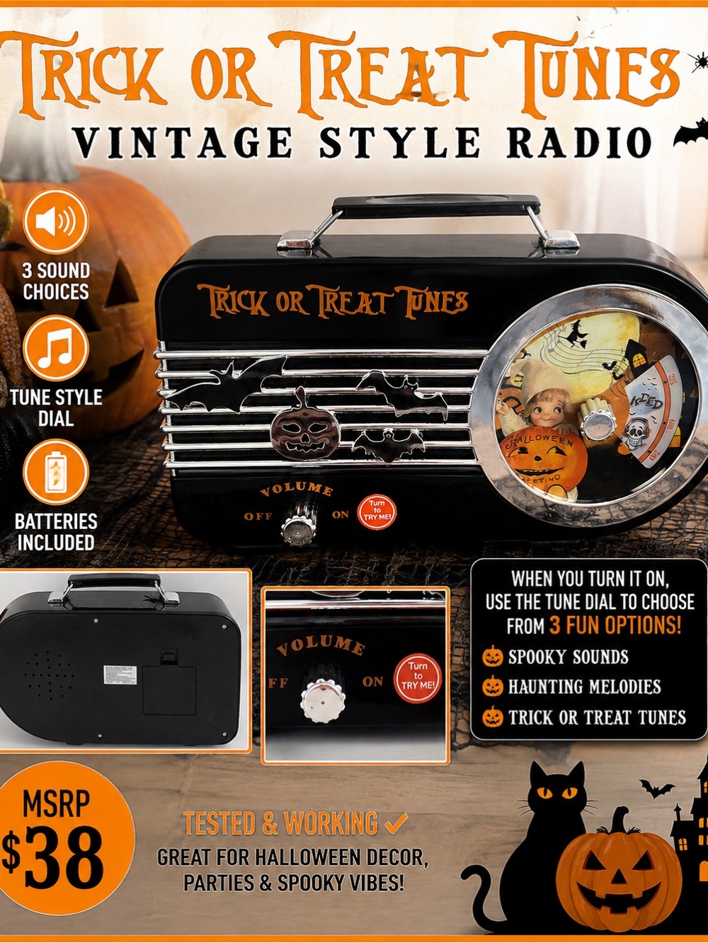Vintage-Style Portable Radio - Black